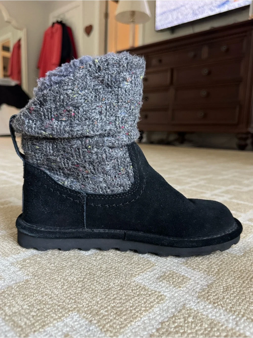 BEARPAW Virginia Suede Knit Shearling Winter Boots Black Size 6